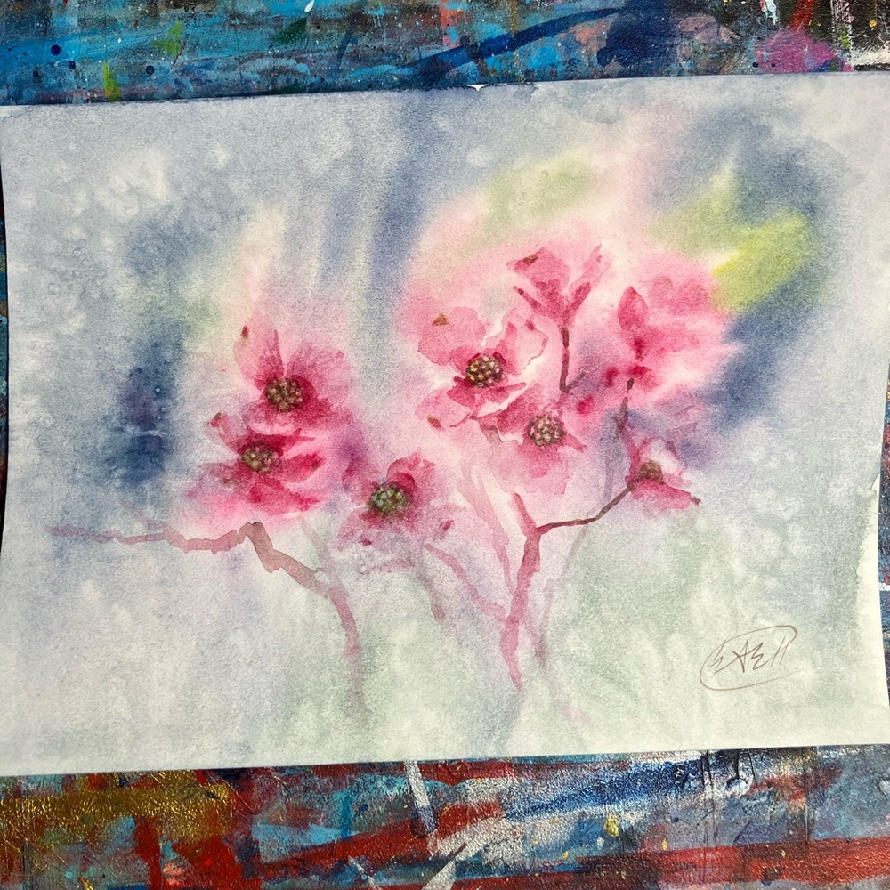Original Dogwood garden watercolor painting impressionist wall decor handmade